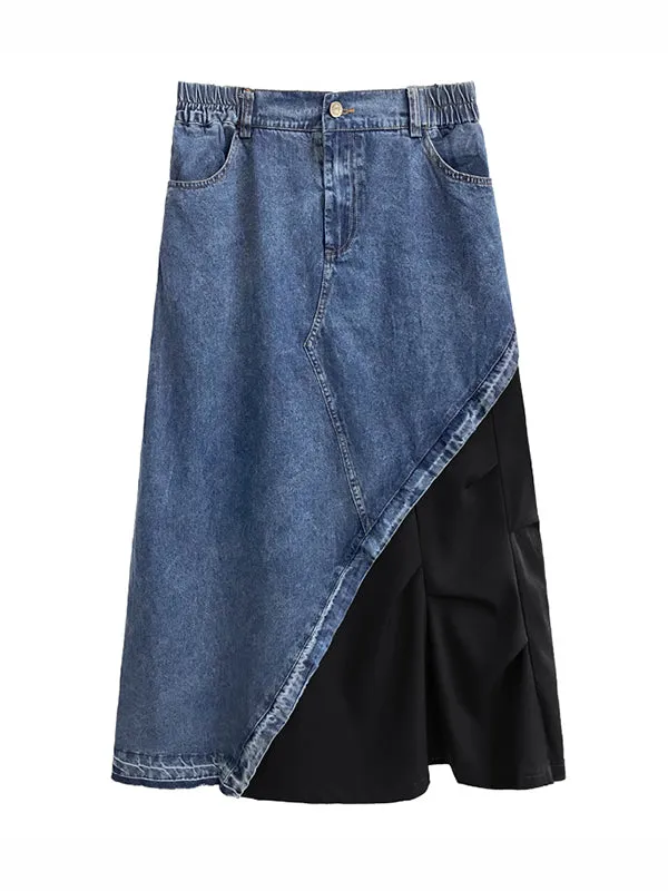 xakxx A-Line Loose Asymmetric Contrast Color Elasticity Split-Joint Denim Skirts Bottoms
