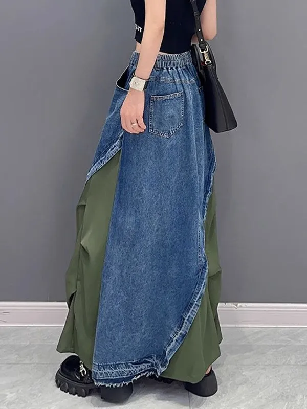 xakxx A-Line Loose Asymmetric Contrast Color Elasticity Split-Joint Denim Skirts Bottoms
