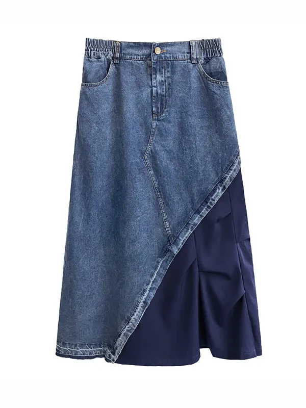 xakxx A-Line Loose Asymmetric Contrast Color Elasticity Split-Joint Denim Skirts Bottoms
