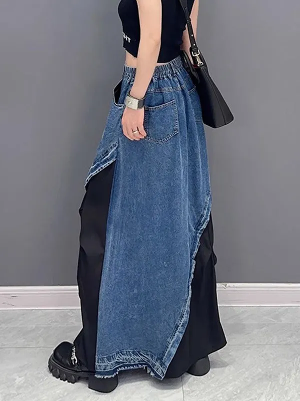 xakxx A-Line Loose Asymmetric Contrast Color Elasticity Split-Joint Denim Skirts Bottoms