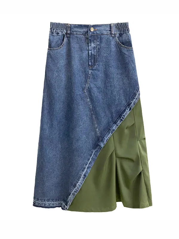 xakxx A-Line Loose Asymmetric Contrast Color Elasticity Split-Joint Denim Skirts Bottoms