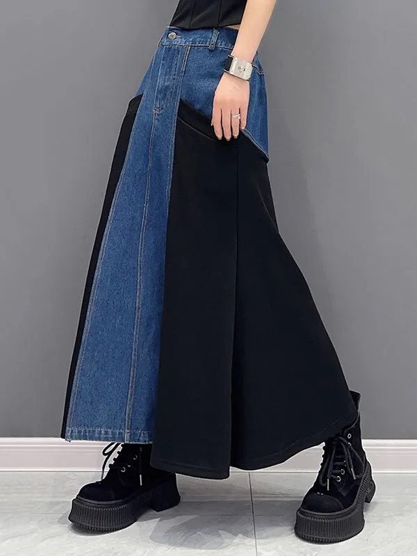 xakxx A-Line Loose Buttoned Contrast Color Split-Joint Denim Skirts Bottoms