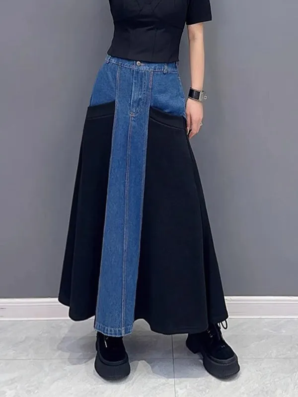xakxx A-Line Loose Buttoned Contrast Color Split-Joint Denim Skirts Bottoms