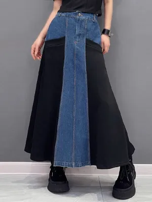 xakxx A-Line Loose Buttoned Contrast Color Split-Joint Denim Skirts Bottoms