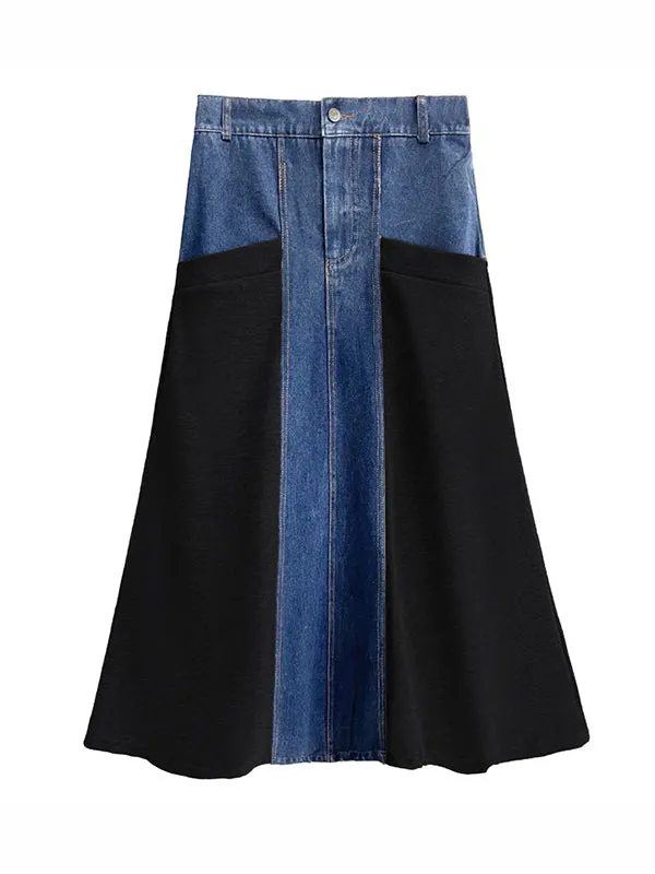 xakxx A-Line Loose Buttoned Contrast Color Split-Joint Denim Skirts Bottoms