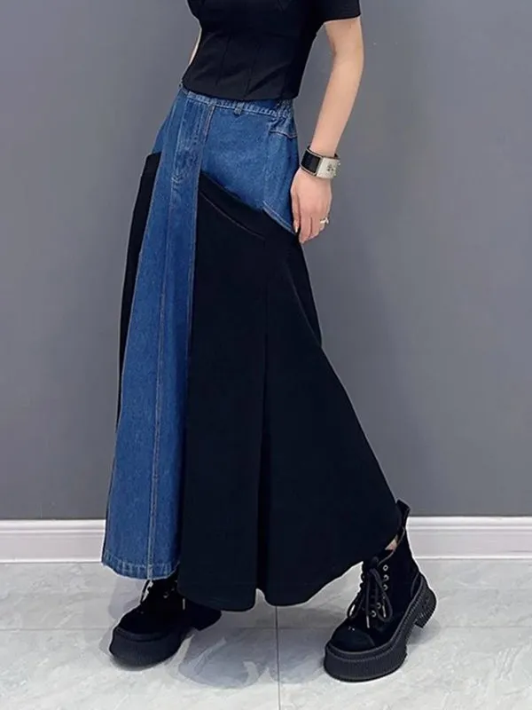 xakxx A-Line Loose Buttoned Contrast Color Split-Joint Denim Skirts Bottoms