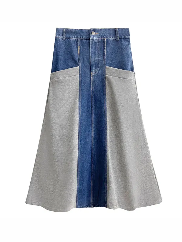 xakxx A-Line Loose Buttoned Contrast Color Split-Joint Denim Skirts Bottoms