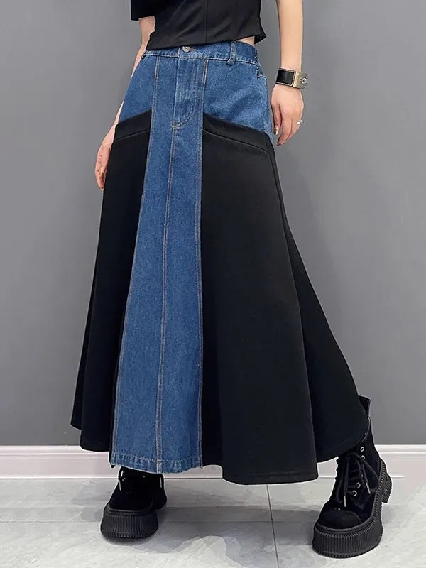 xakxx A-Line Loose Buttoned Contrast Color Split-Joint Denim Skirts Bottoms