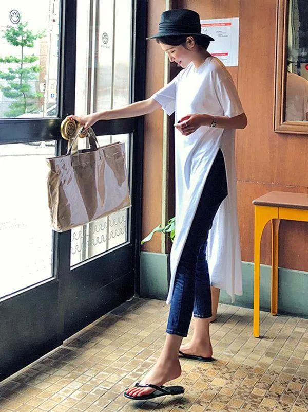 xakxx Casual Simple Split-Side Designed Long T-Shirt