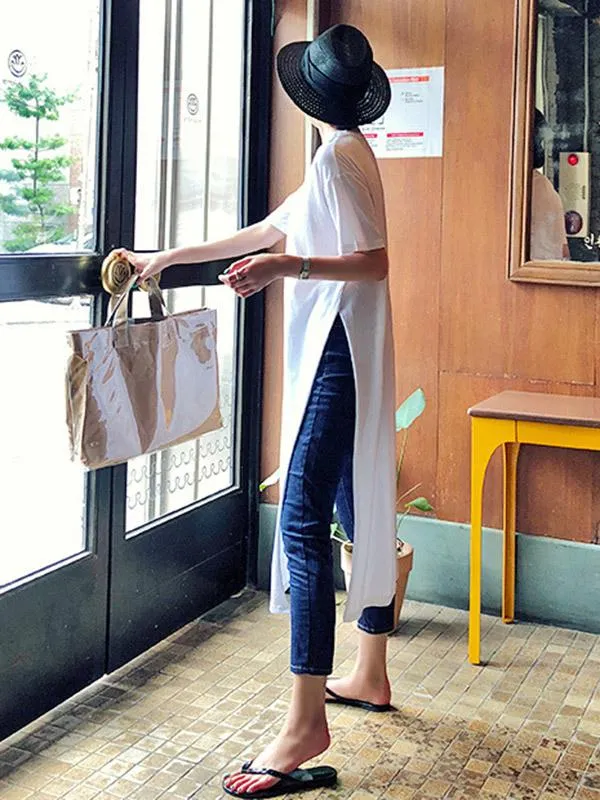 xakxx Casual Simple Split-Side Designed Long T-Shirt