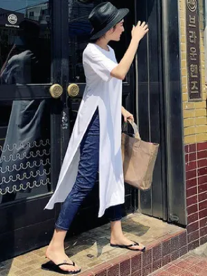 xakxx Casual Simple Split-Side Designed Long T-Shirt