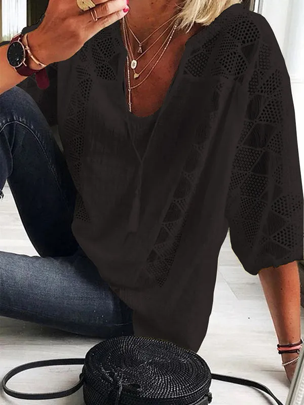 xakxx Simple Casual Hollow Lace Split-Joint U-Neck T-Shirt Top