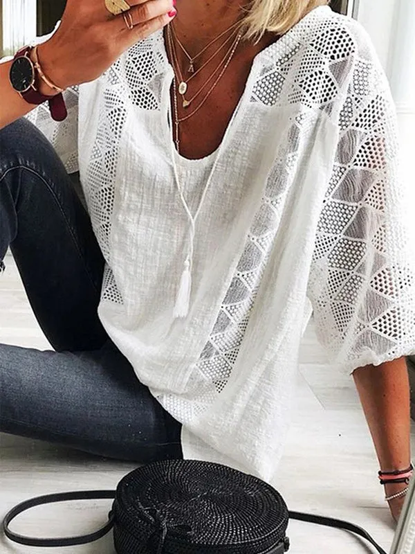 xakxx Simple Casual Hollow Lace Split-Joint U-Neck T-Shirt Top