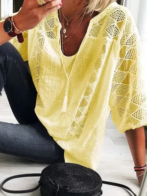 xakxx Simple Casual Hollow Lace Split-Joint U-Neck T-Shirt Top