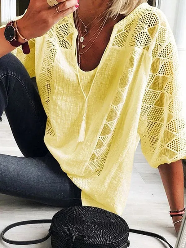 xakxx Simple Casual Hollow Lace Split-Joint U-Neck T-Shirt Top