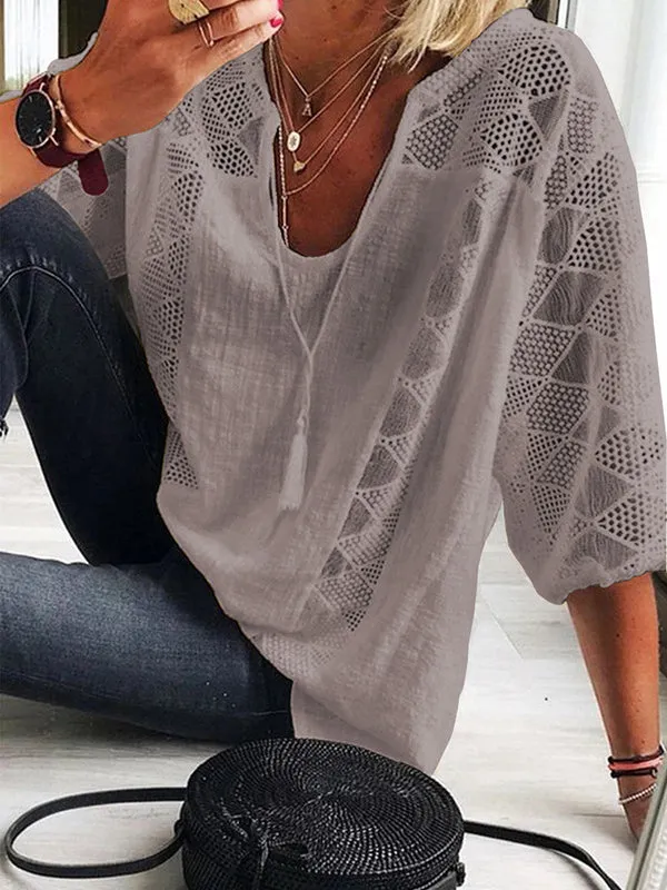 xakxx Simple Casual Hollow Lace Split-Joint U-Neck T-Shirt Top