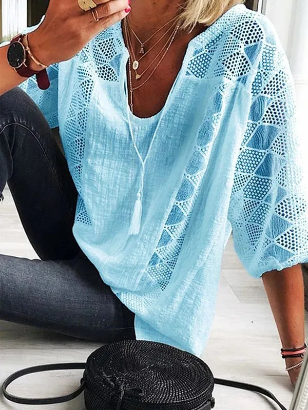 xakxx Simple Casual Hollow Lace Split-Joint U-Neck T-Shirt Top