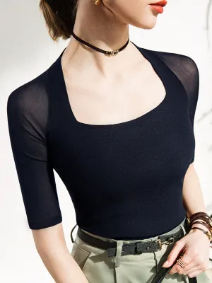 xakxx Simple Solid Color Square-Neck Half Sleeves Shirt