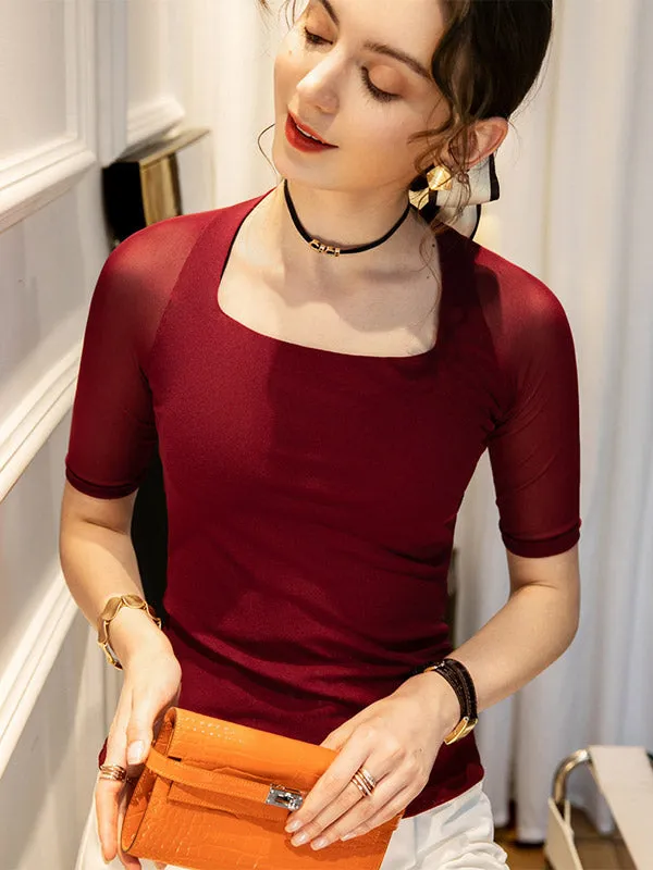 xakxx Simple Solid Color Square-Neck Half Sleeves Shirt