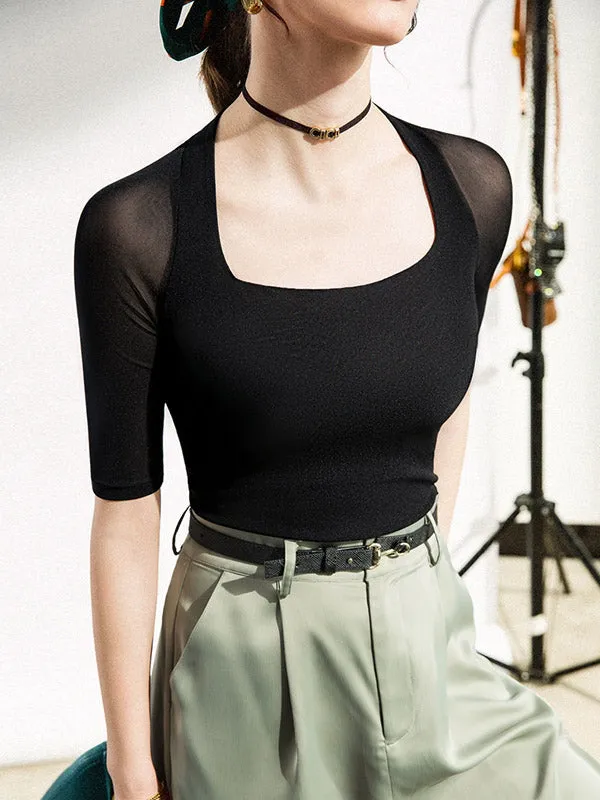 xakxx Simple Solid Color Square-Neck Half Sleeves Shirt