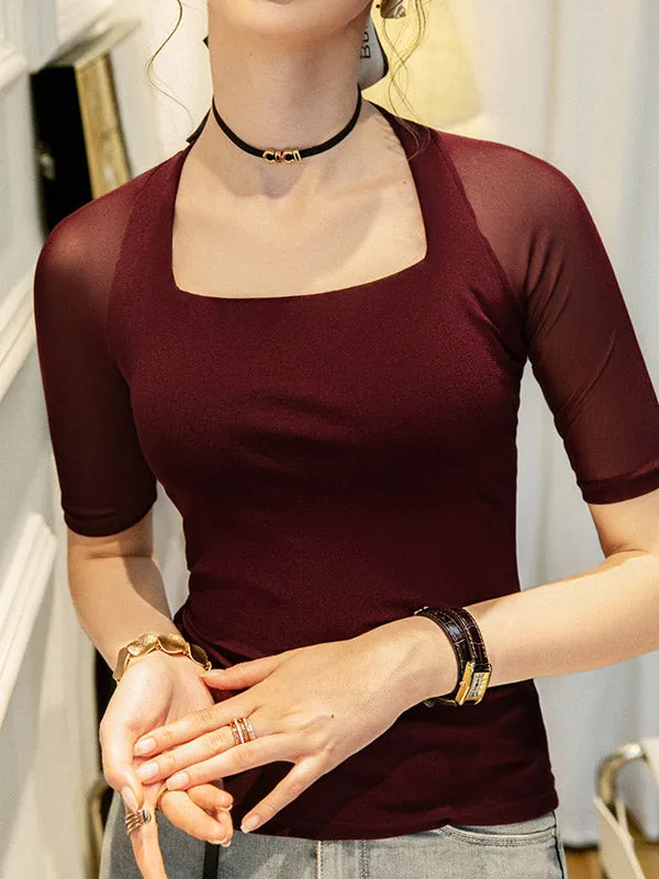 xakxx Simple Solid Color Square-Neck Half Sleeves Shirt