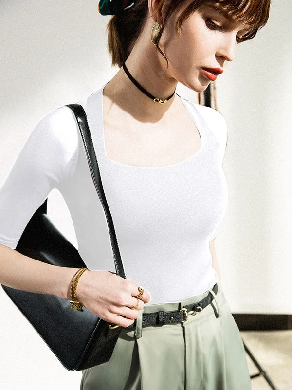 xakxx Simple Solid Color Square-Neck Half Sleeves Shirt