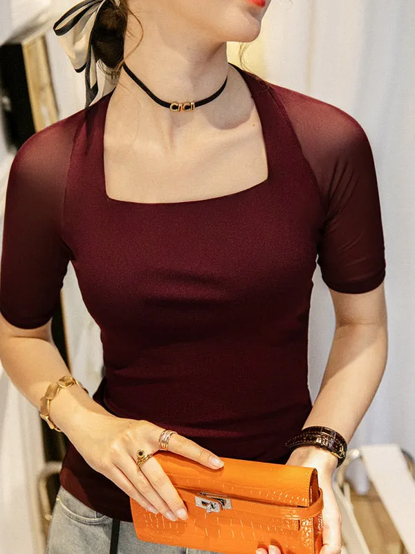 xakxx Simple Solid Color Square-Neck Half Sleeves Shirt