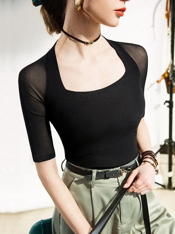 xakxx Simple Solid Color Square-Neck Half Sleeves Shirt