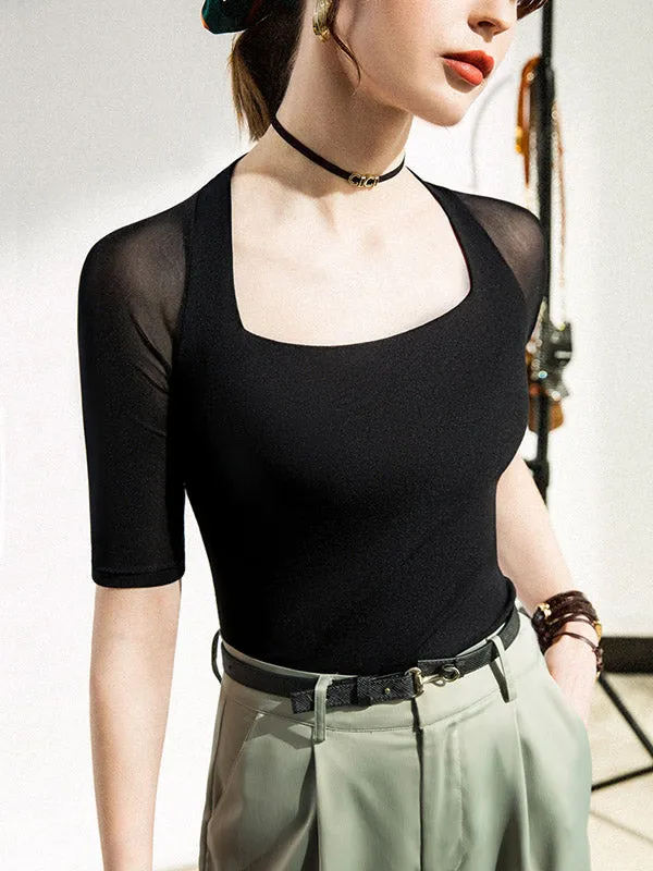 xakxx Simple Solid Color Square-Neck Half Sleeves Shirt