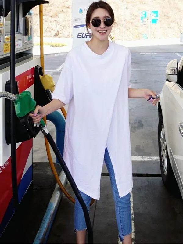 xakxx Solid Loose Simple Split-Front T-Shirt Top