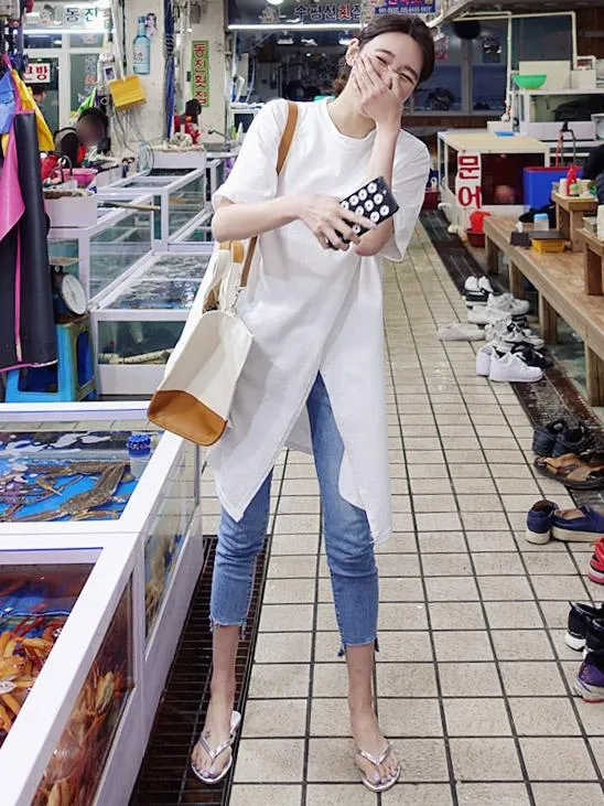 xakxx Solid Loose Simple Split-Front T-Shirt Top