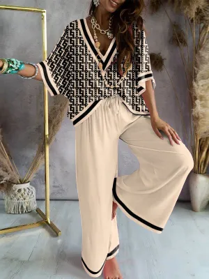 xakxx Urban Loose Printed V-Neck T-Shirts Tops& Drawstring Wide Leg Pants Suits