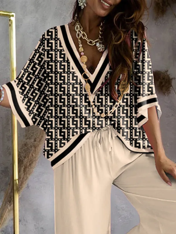 xakxx Urban Loose Printed V-Neck T-Shirts Tops& Drawstring Wide Leg Pants Suits