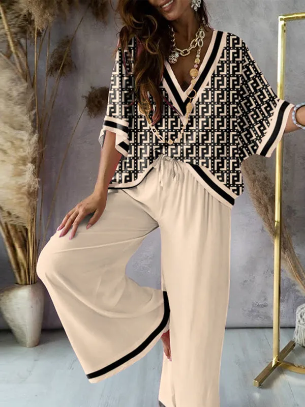 xakxx Urban Loose Printed V-Neck T-Shirts Tops& Drawstring Wide Leg Pants Suits