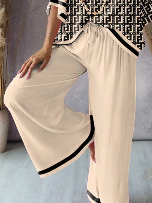 xakxx Urban Loose Printed V-Neck T-Shirts Tops& Drawstring Wide Leg Pants Suits