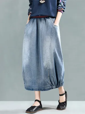 xakxx Vintage Loose A-Line Elasticity Solid Color Skirts Bottoms